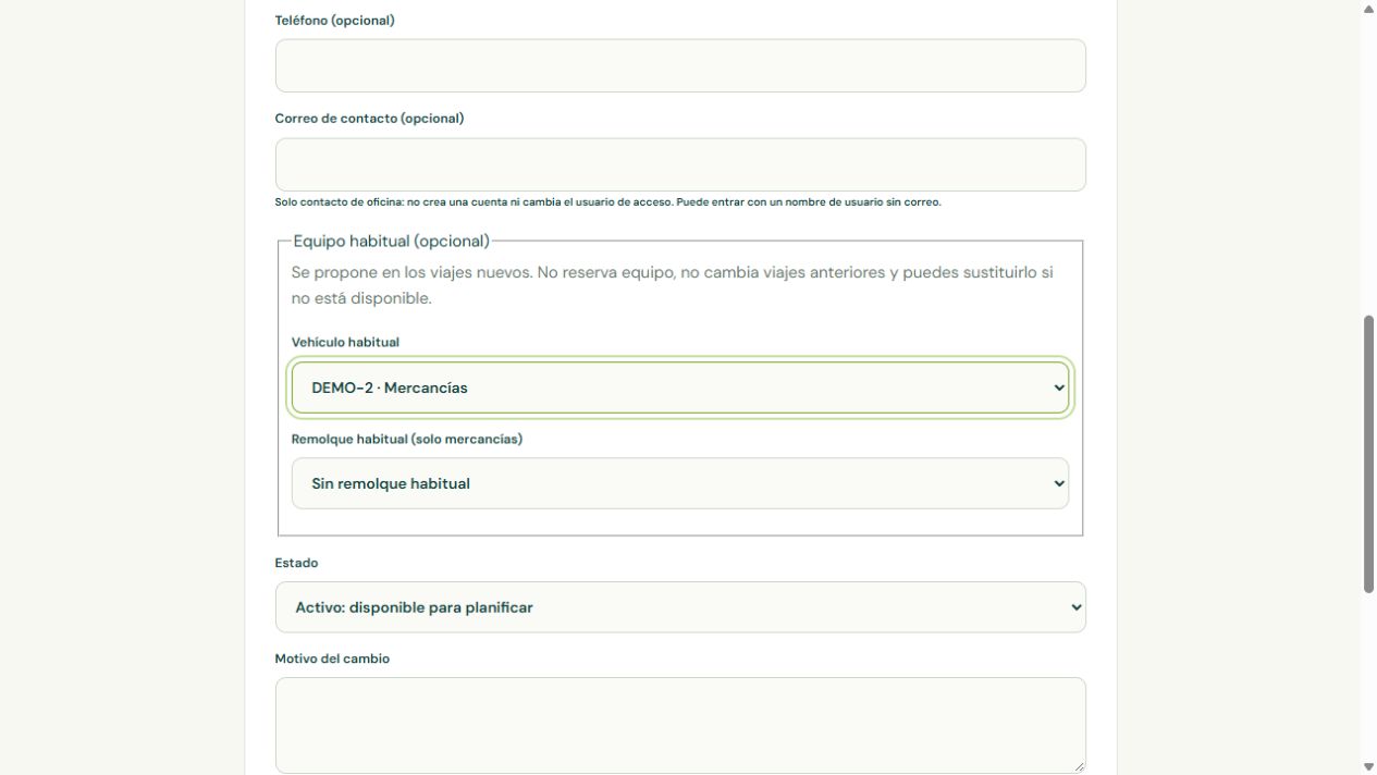 Ficha de conductor ficticio con vehículo y remolque habituales configurables en EnterDeCA