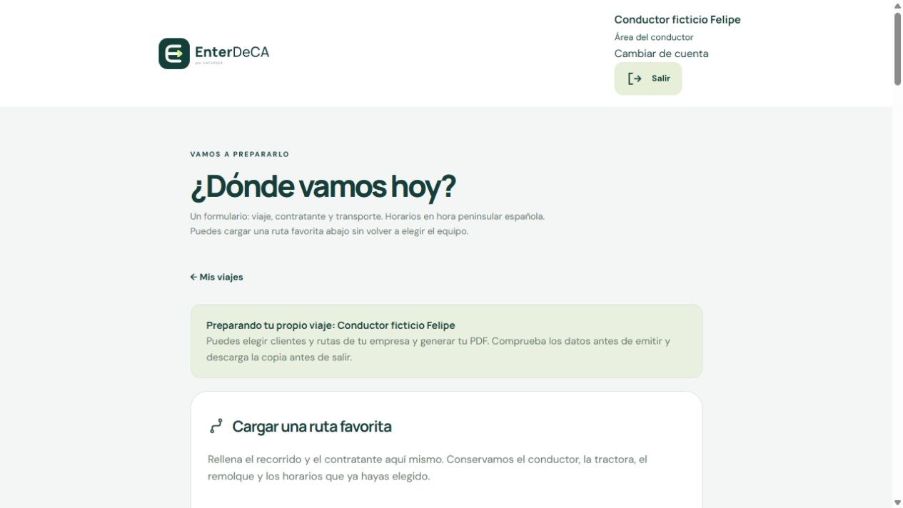 Formulario del conductor con ruta favorita y equipo habitual ficticios