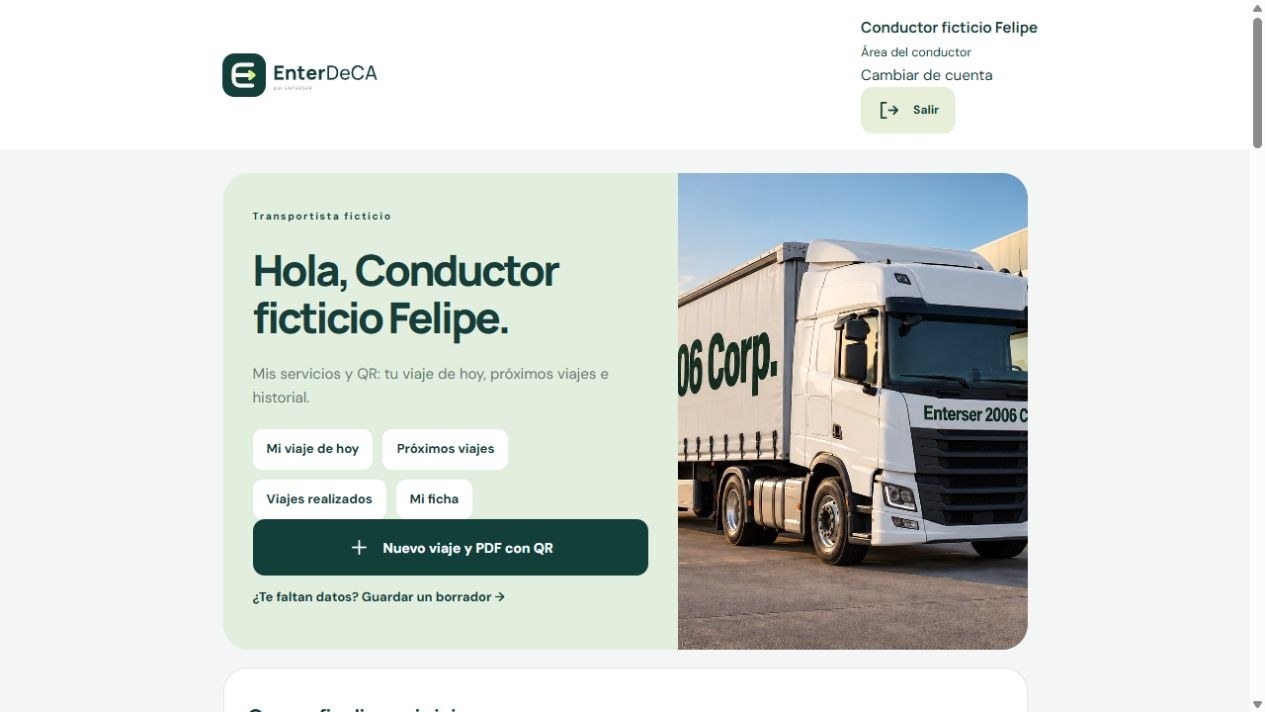 Área personal ficticia con botón Salir y nuevo viaje con PDF