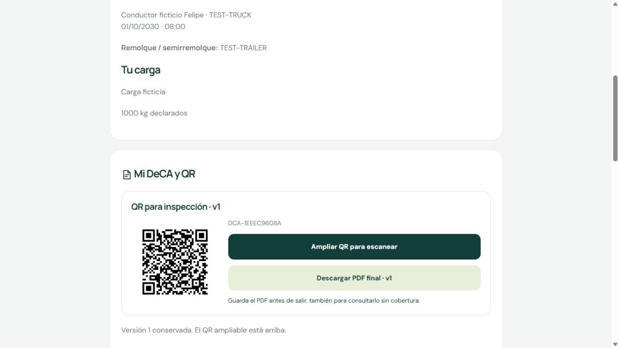 PDF y QR de una prueba aislada con datos ficticios